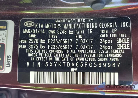 2015 Kia Sorento Lx z USA, uszkodzony, nr VIN 5XYKTDA65FG569987